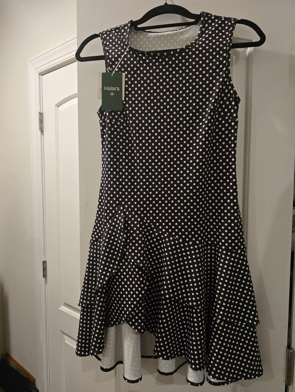 Halara NWT Polka Dot Tiered Ruffle Dress Black White Sleeveless Fit Flare Mini